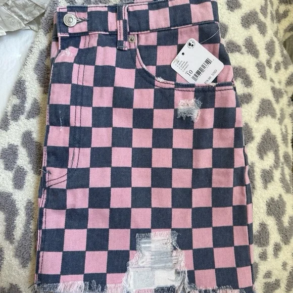 Free People Pink and Blue Checkered Denim Skirt - Picture 2 of 7